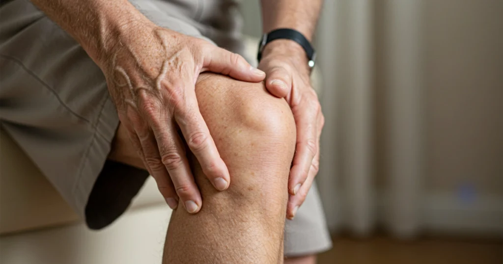 A close-up shows an older man gripping his swollen knee in pain, illustrating arthritis, joint discomfort, or knee injury, with Regenerative Joint Therapy in Wilmington, NC.