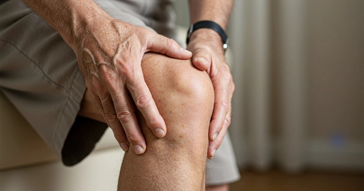 A close-up shows an older man gripping his swollen knee in pain, illustrating arthritis, joint discomfort, or knee injury, with Regenerative Joint Therapy in Wilmington, NC.